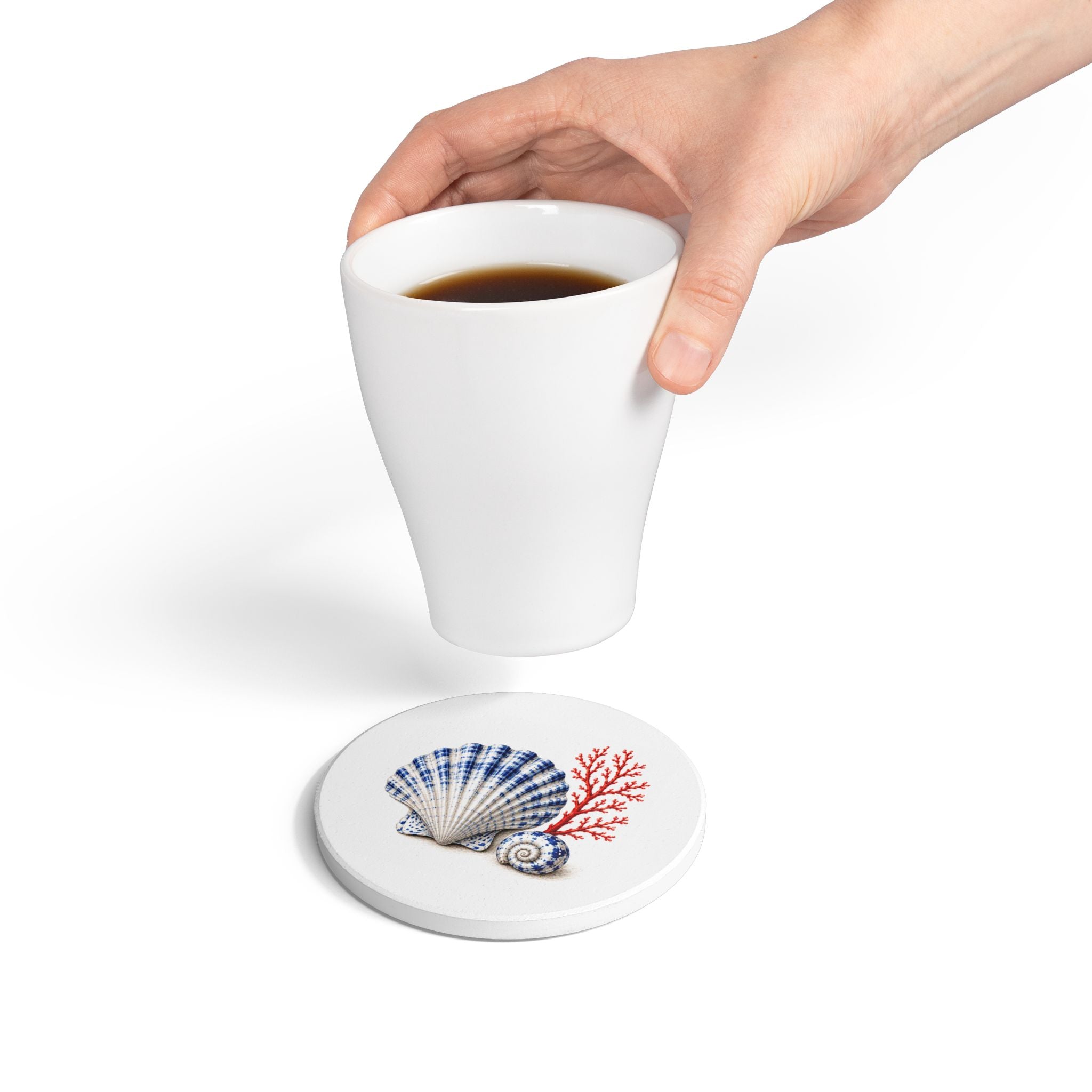 Blue Coral & Sea Shell Ceramic Coaster — Coastal Seashell Drink Mat