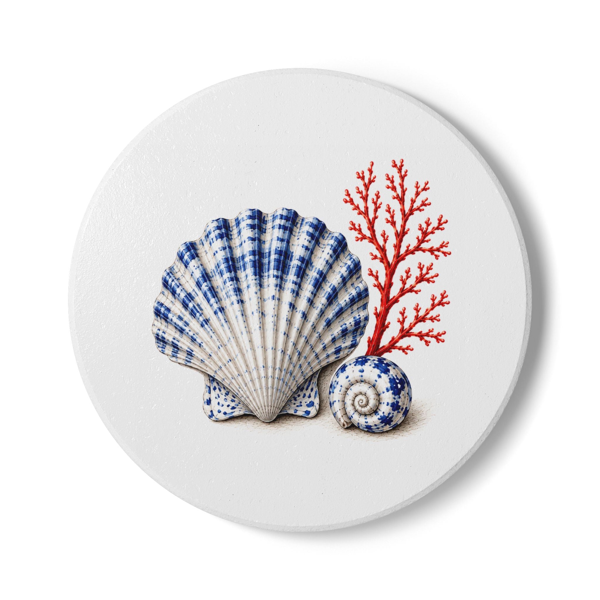 Blue Coral & Sea Shell Ceramic Coaster — Coastal Seashell Drink Mat