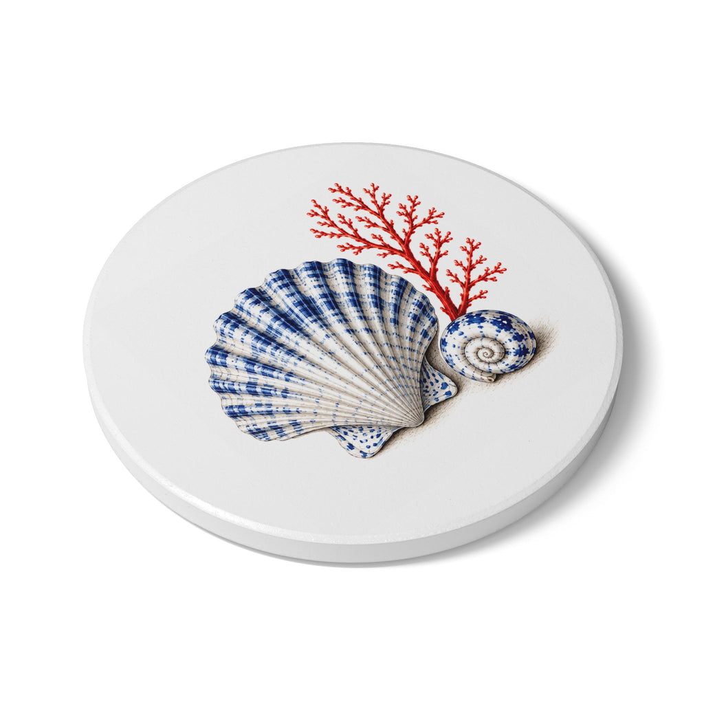Blue Coral & Sea Shell Ceramic Coaster — Coastal Seashell Drink Mat