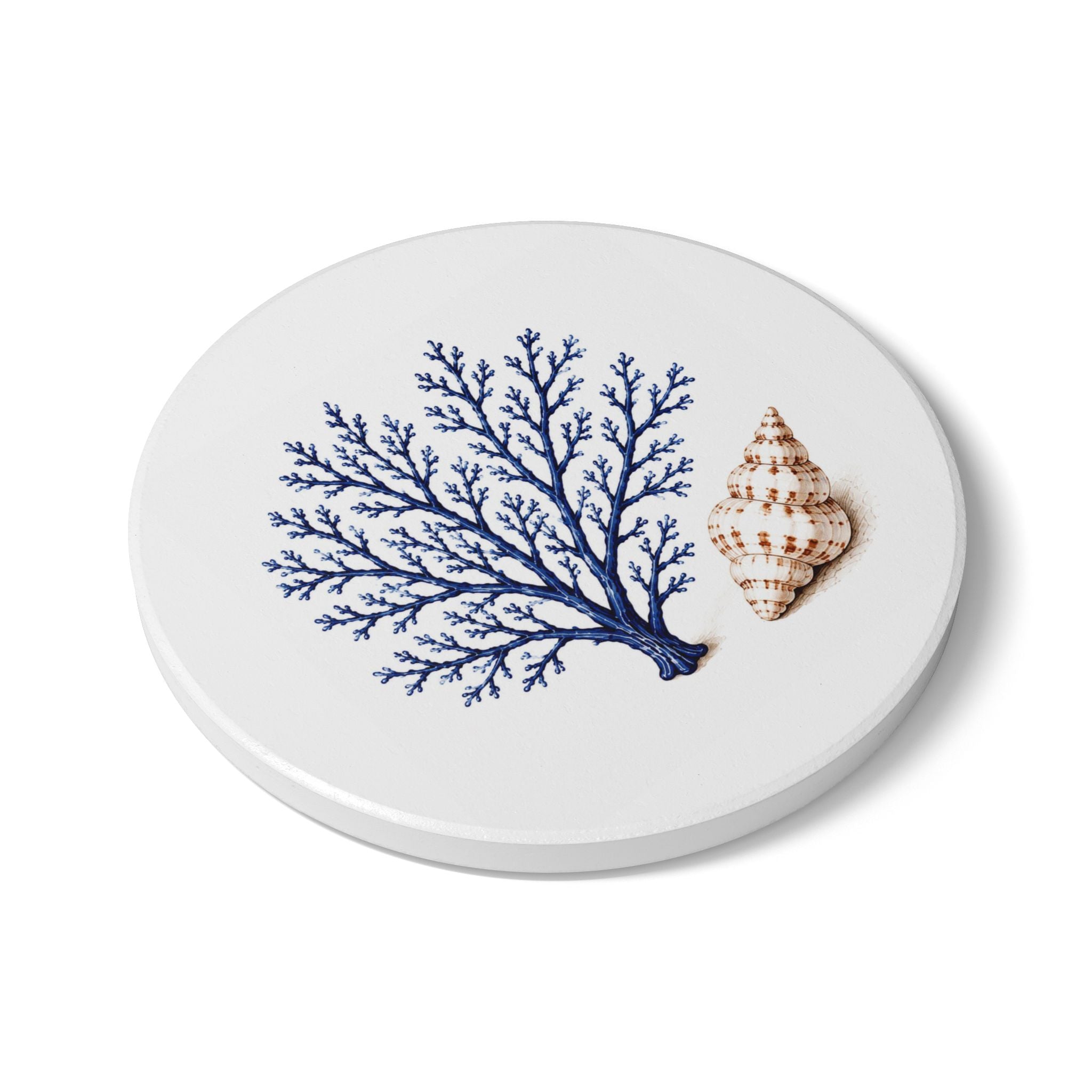 Ceramic Coaster - Blue Coral & Seashell Coastal Drink Coaster