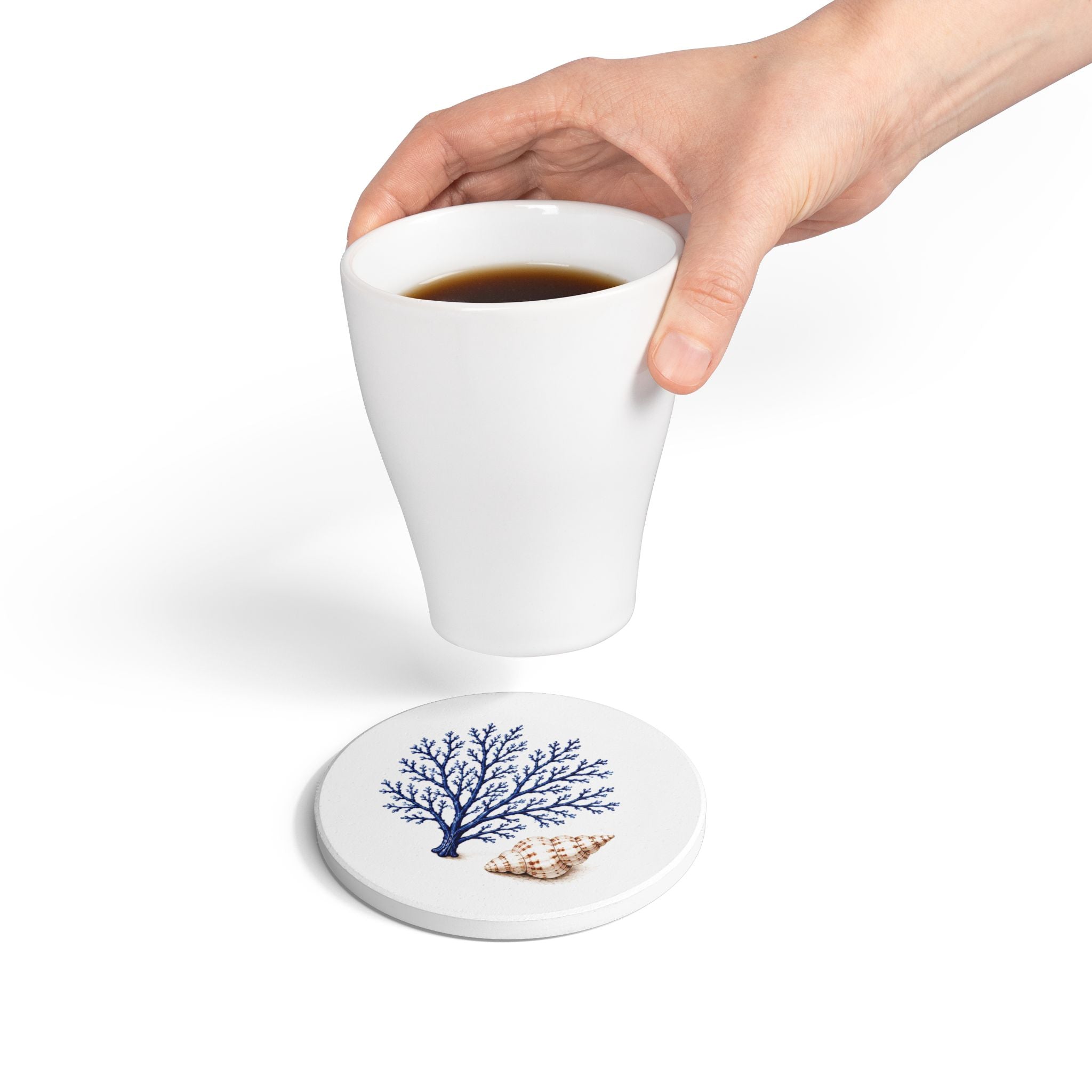 Ceramic Coaster - Blue Coral & Seashell Coastal Drink Coaster