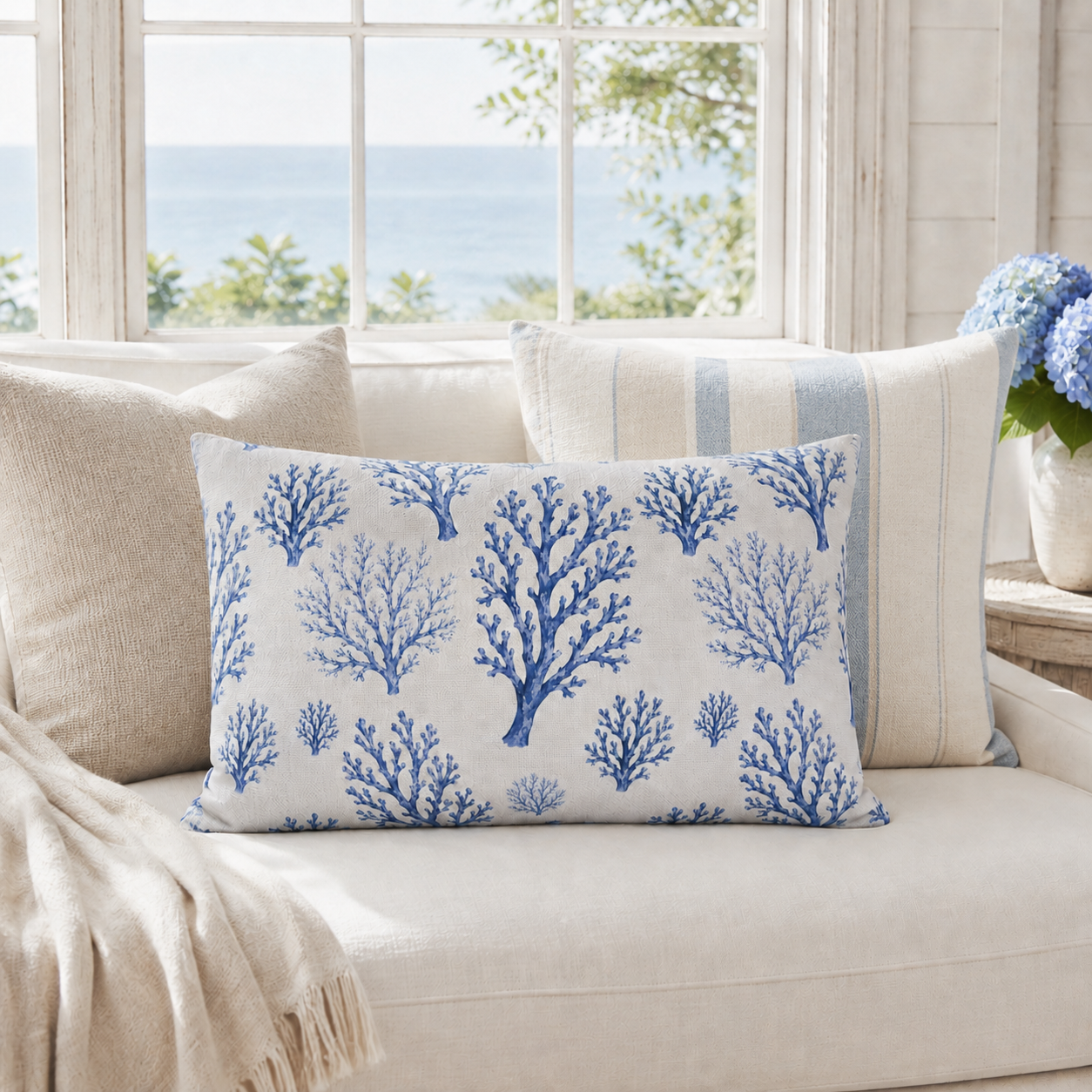 Heirloom Blue Coral Throw Pillow