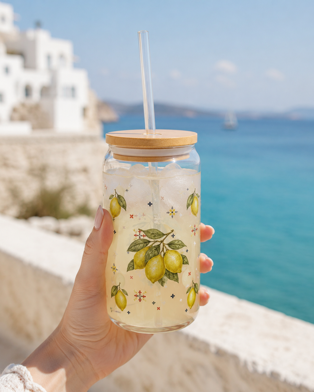 Mediterranean Lemon Glass Tumblr With Bamboo Lid And Straw