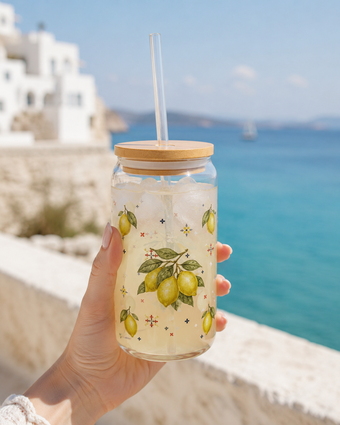 Mediterranean Lemon Glass Tumblr With Bamboo Lid And Straw