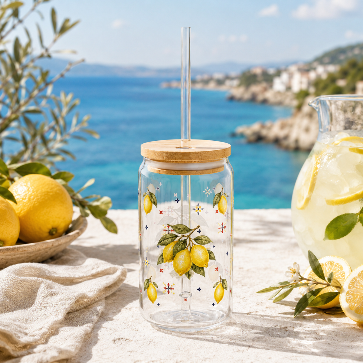Mediterranean Lemon Glass Tumblr With Bamboo Lid And Straw
