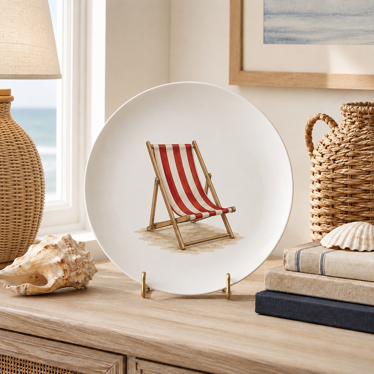 Red Stripe Deck Chair Decorative Bone China Plate