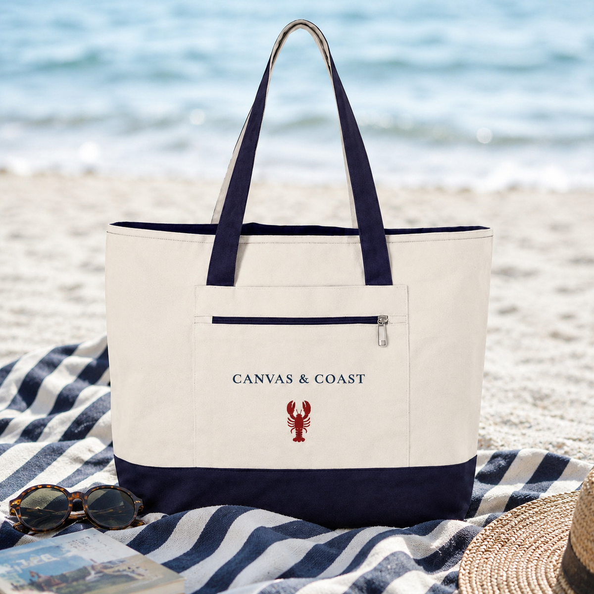 Seaside Lobster Zippered Beach Tote